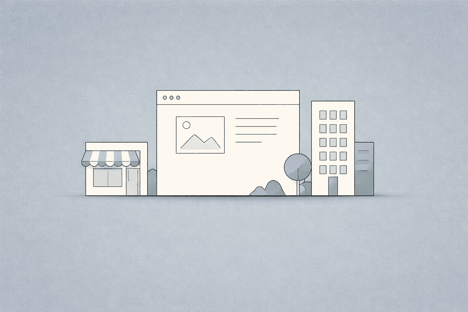 A minimal abstract local-business website illustration with storefront and city elements.