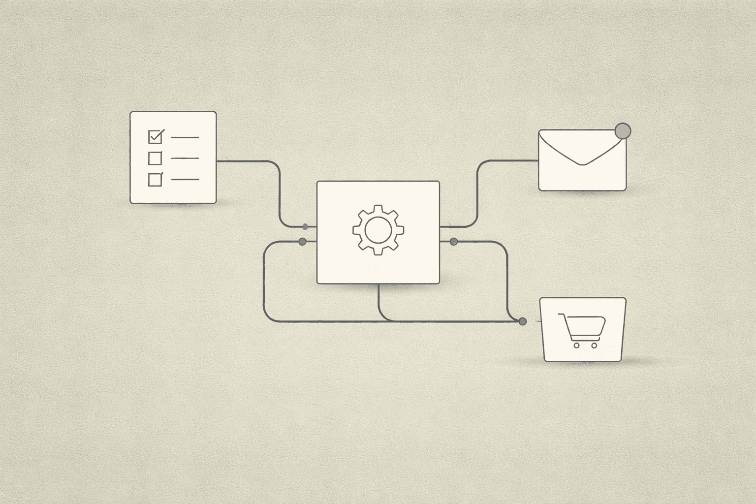 A minimal abstract illustration showing a lead form connected to email follow-up and downstream actions.